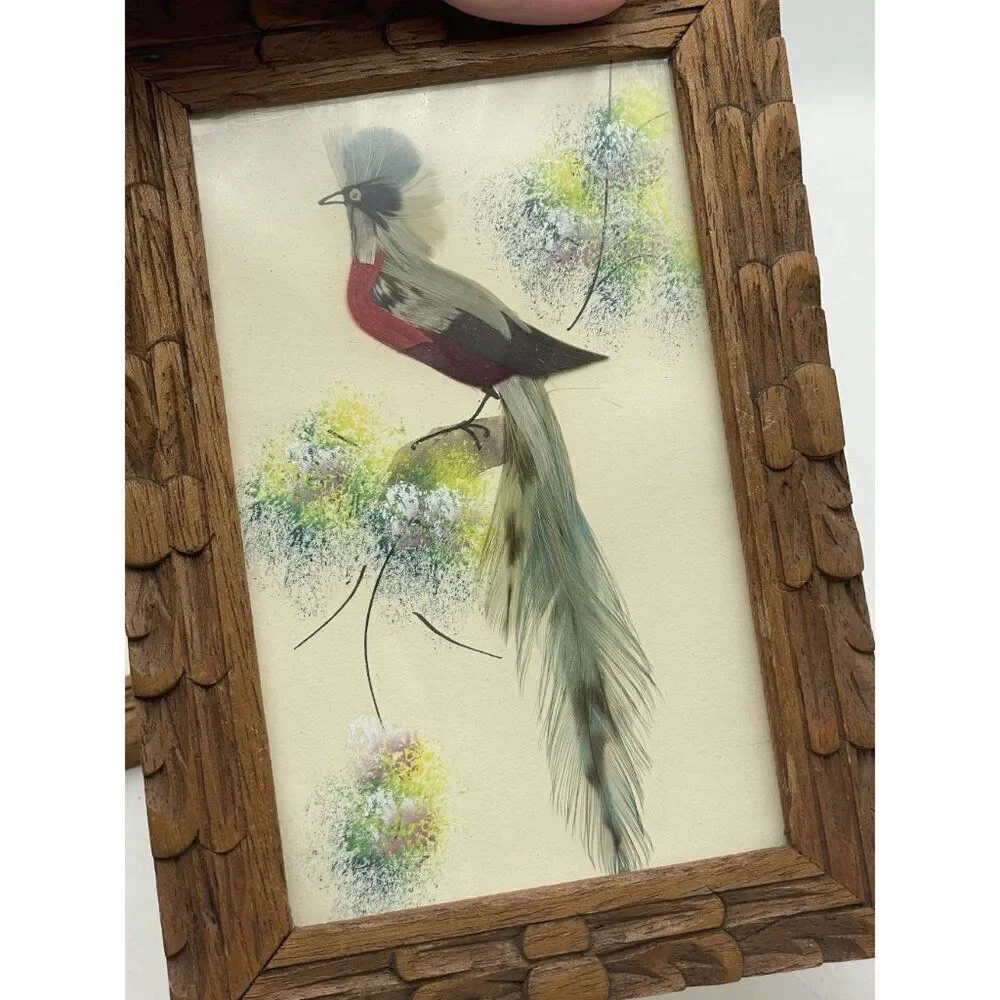 Pair Of Vintage Feather Art Bird Paintings In Carved Wooden Frames